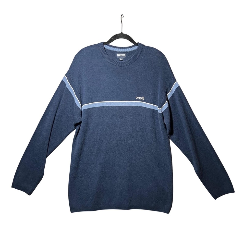 Vintage 90s O'Neill Mens Large Blue Stripe Crewneck Knit Sweater Surf Skate